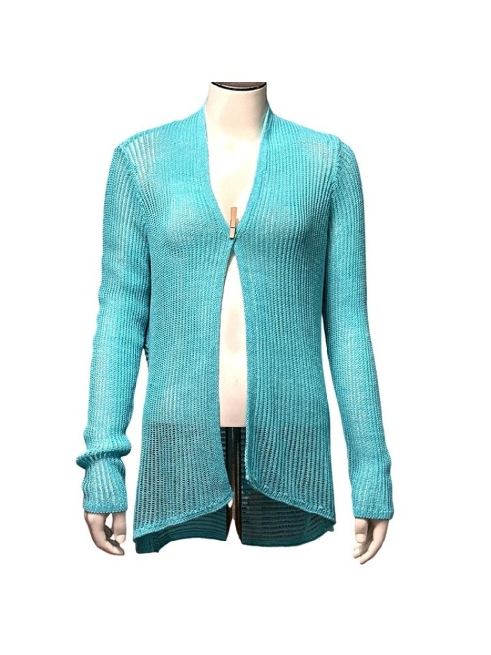 Chicos Size 1 Open Turquoise Knit Cardigan Sweater Long Sleeve Semi Sheer Casual